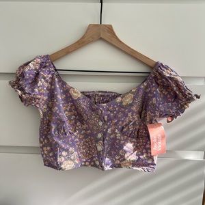 Vintage purple puff sleeve floral crop top